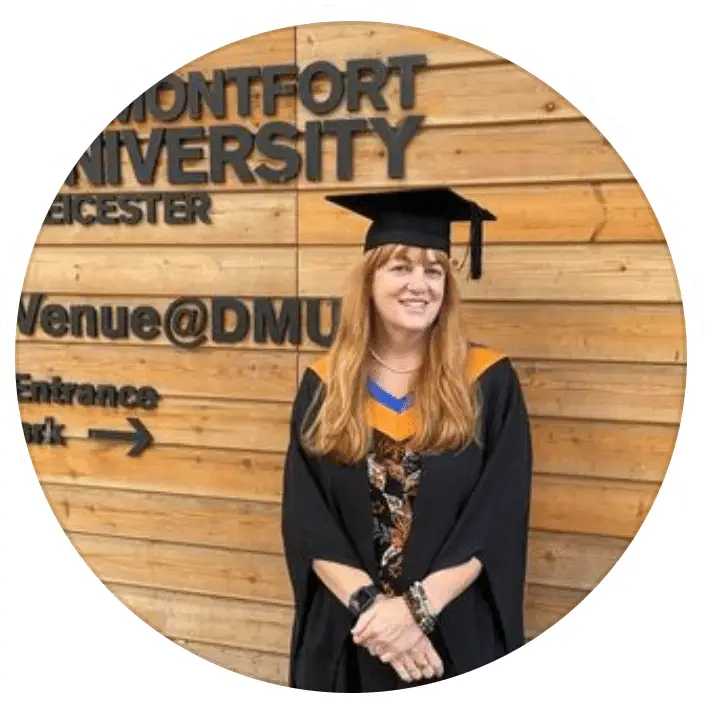 Picture ot the clerk, dressed in her DMU graduation gown.