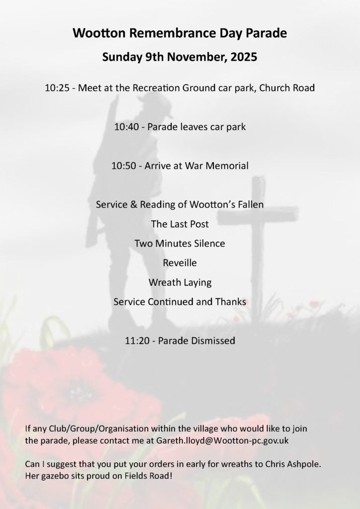 This poster gives the times and location for the rememberance day parade on 9 November 2025