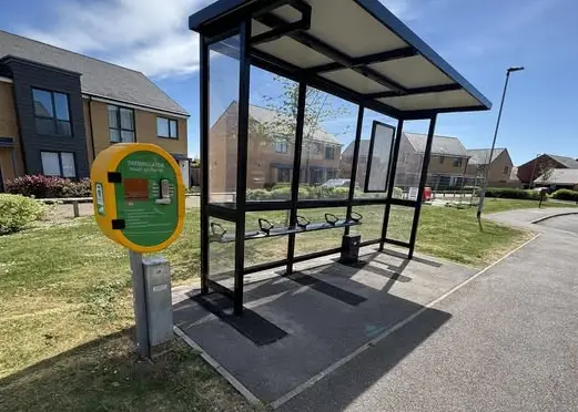 This Image shows the Defibrillator next to the bus stop on Burgoyne Avenue